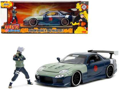 1993 Mazda RX-7 Dark Blue with Green Hood and Kakashi Hatake Diecast Figure "Naruto Shippuden" (2009-2017) TV Series "Anime Hollywood Rides" Series 1/24 Diecast Model Car by Jada  free shipping USA