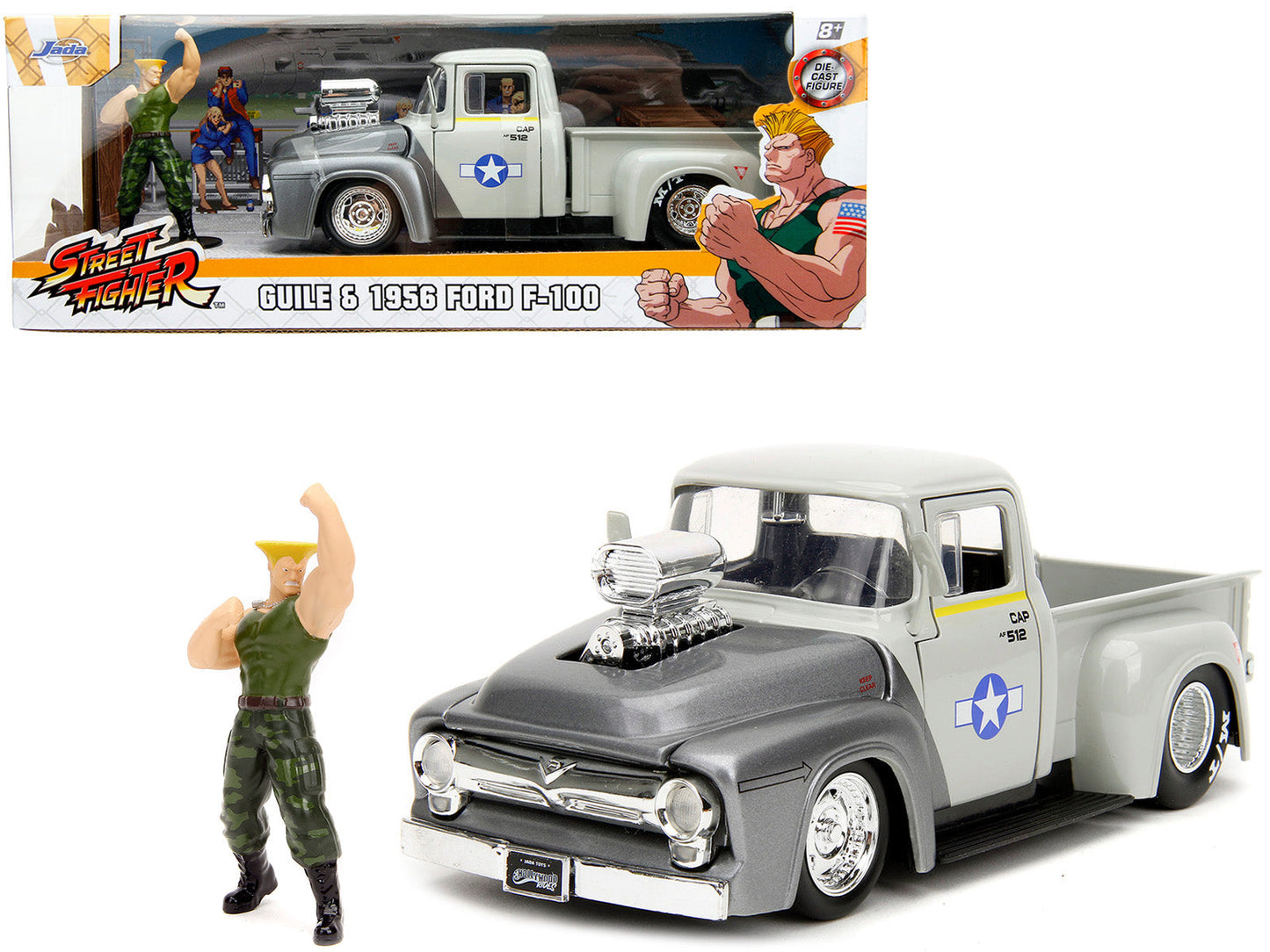 1956 Ford F-100 Pickup Truck Tan and Gray Metallic and Guile Diecast Figure "Street Fighter" Video Game "Anime Hollywood Rides" Series 1/24 Diecast Model Car by Jada  free shipping USA