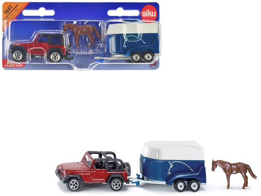 Jeep Red with Horse Trailer Blue and Horse Accessory Diecast Model by Siku  free shipping USA
