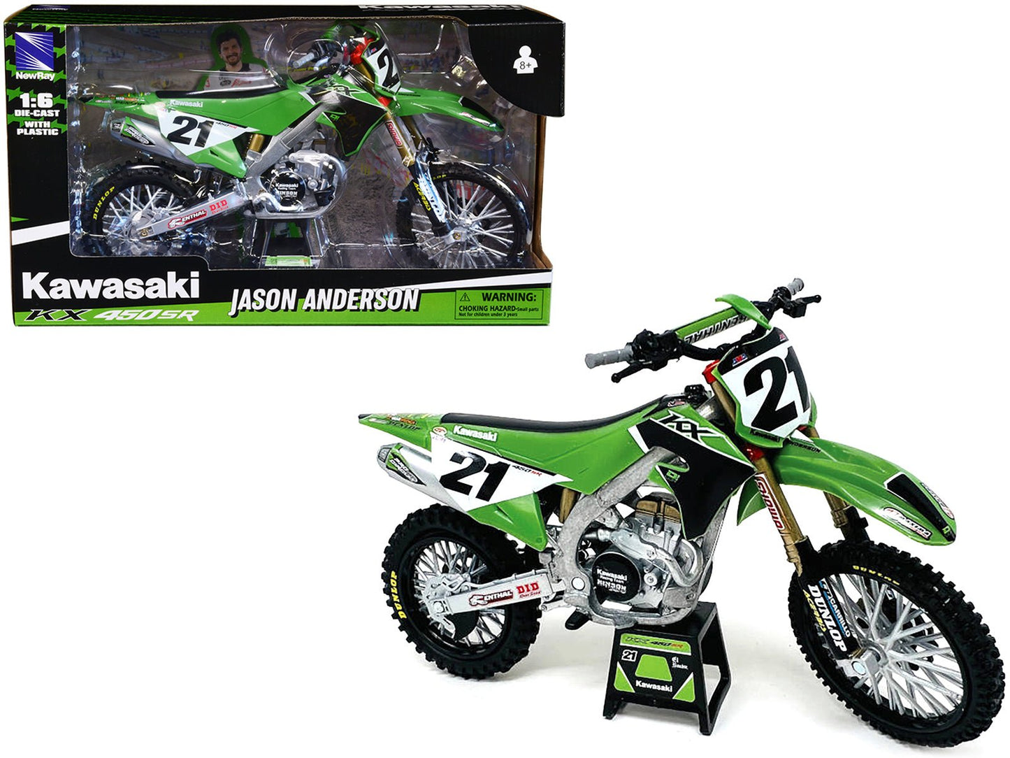 Kawasaki KX450SR Dirt Bike Motorcycle #21 Jason Anderson Green and Black "Kawasaki Racing Team" 1/6 Model by New Ray  free shipping USA