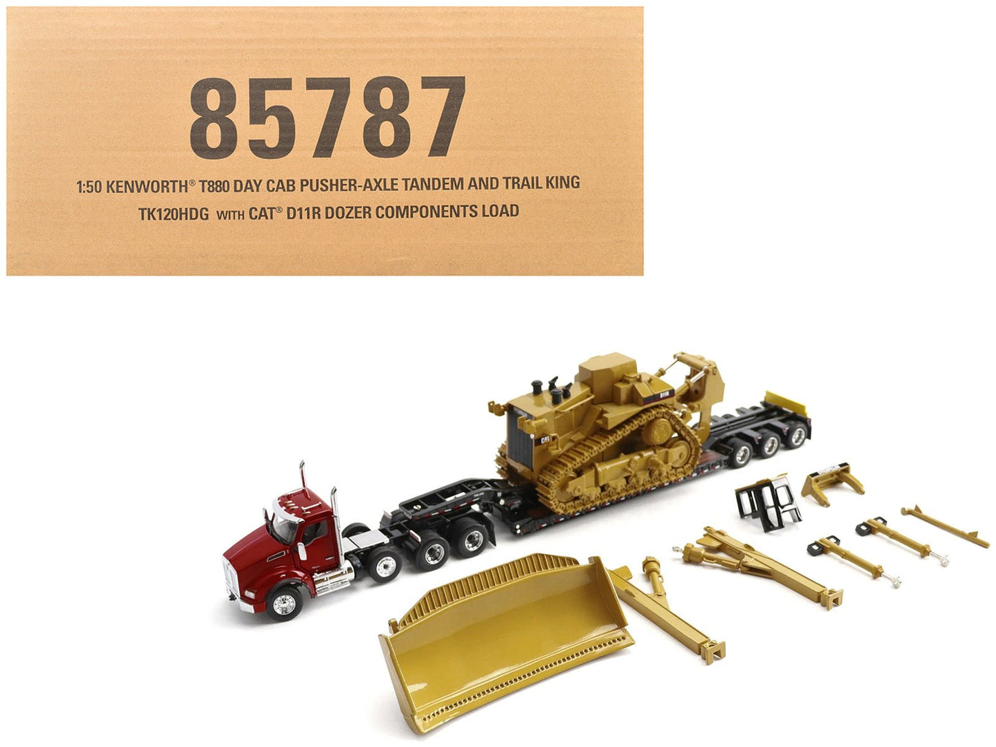 Kenworth T880 Day Cab Red and Trail King TK120 Lowboy Trailer with CAT Caterpillar D11R Dozer and Components Load "Transport Series" 1/50 Diecast Model by Diecast Masters  free shipping USA