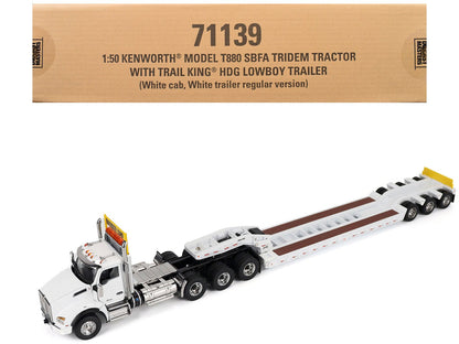 Kenworth T880 SBFA Tridem Truck with Trail King HDG Lowboy Trailer White "Transport Series" 1/50 Diecast Model by Diecast Masters  free shipping USA