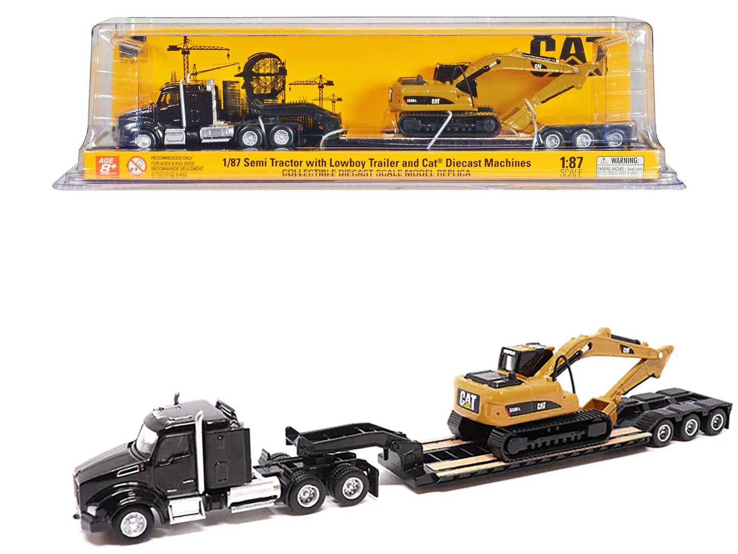 Kenworth T880 SBFS Sleeper Tandem Tractor Black with Lowboy Trailer and CAT 320D L Hydraulic Excavator Yellow 1/87 (HO) Diecast Model by Diecast Masters  free shipping USA