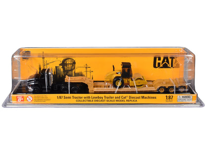 Kenworth T880 Tractor Black with Lowboy Trailer and CAT Roller Yellow 1/87 (HO) Diecast Model by Diecast Masters  free shipping USA