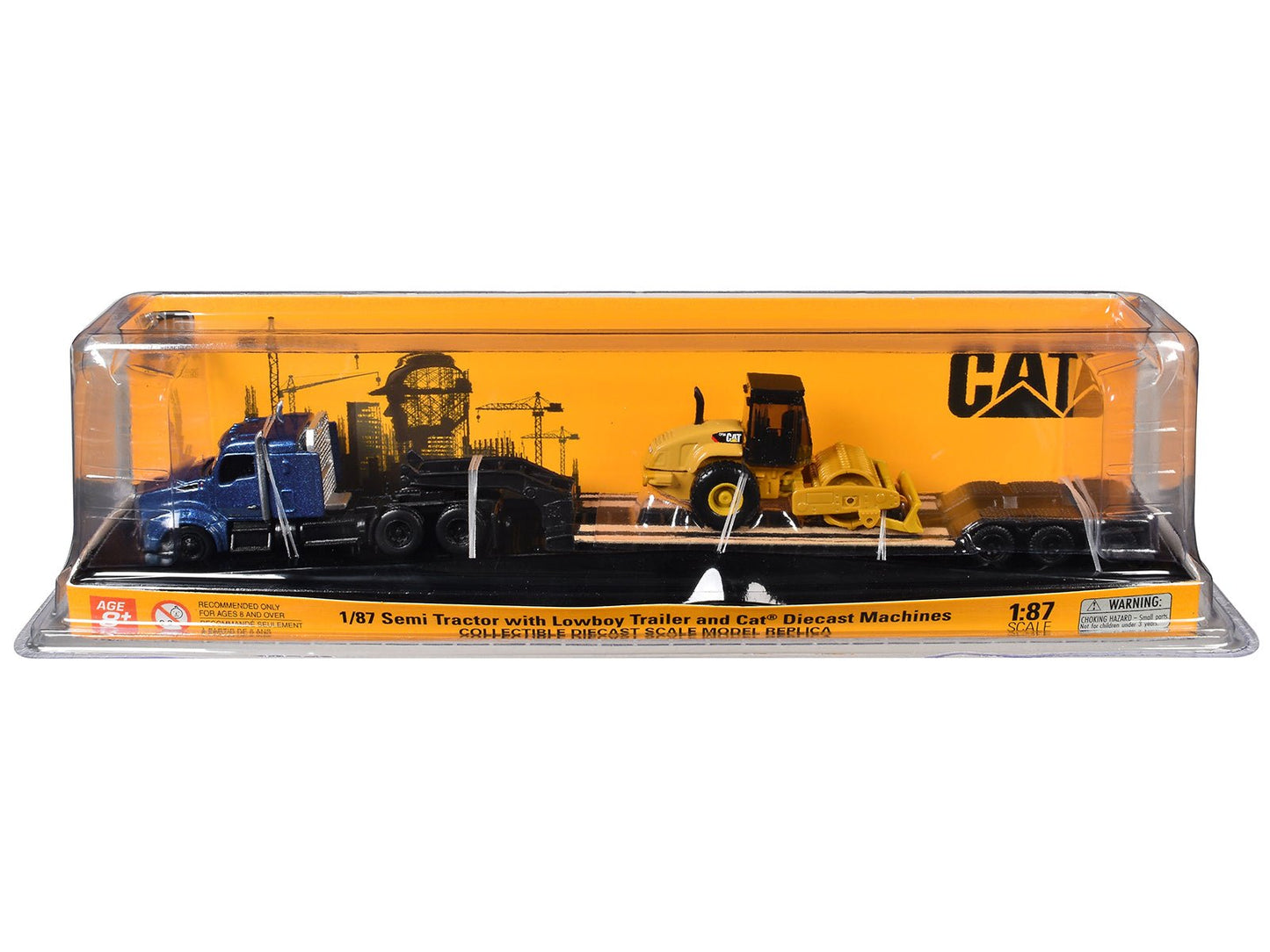Kenworth T880 Tractor Blue Metallic with Lowboy Trailer and CAT Padfoot Roller Yellow 1/87 (HO) Diecast Model by Diecast Masters  free shipping USA