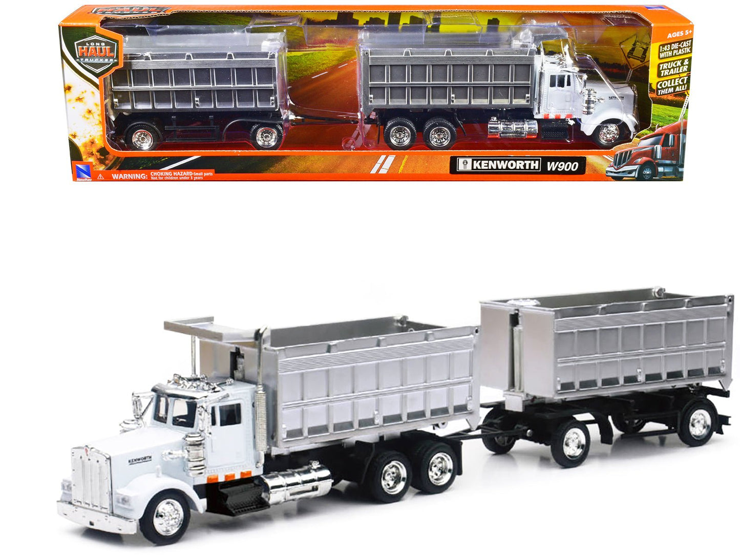 Kenworth W900 Dump Truck with Twin Dump Body White and Chrome "Long Haul Trucker" Series 1/43 Diecast Model by New Ray  free shipping USA