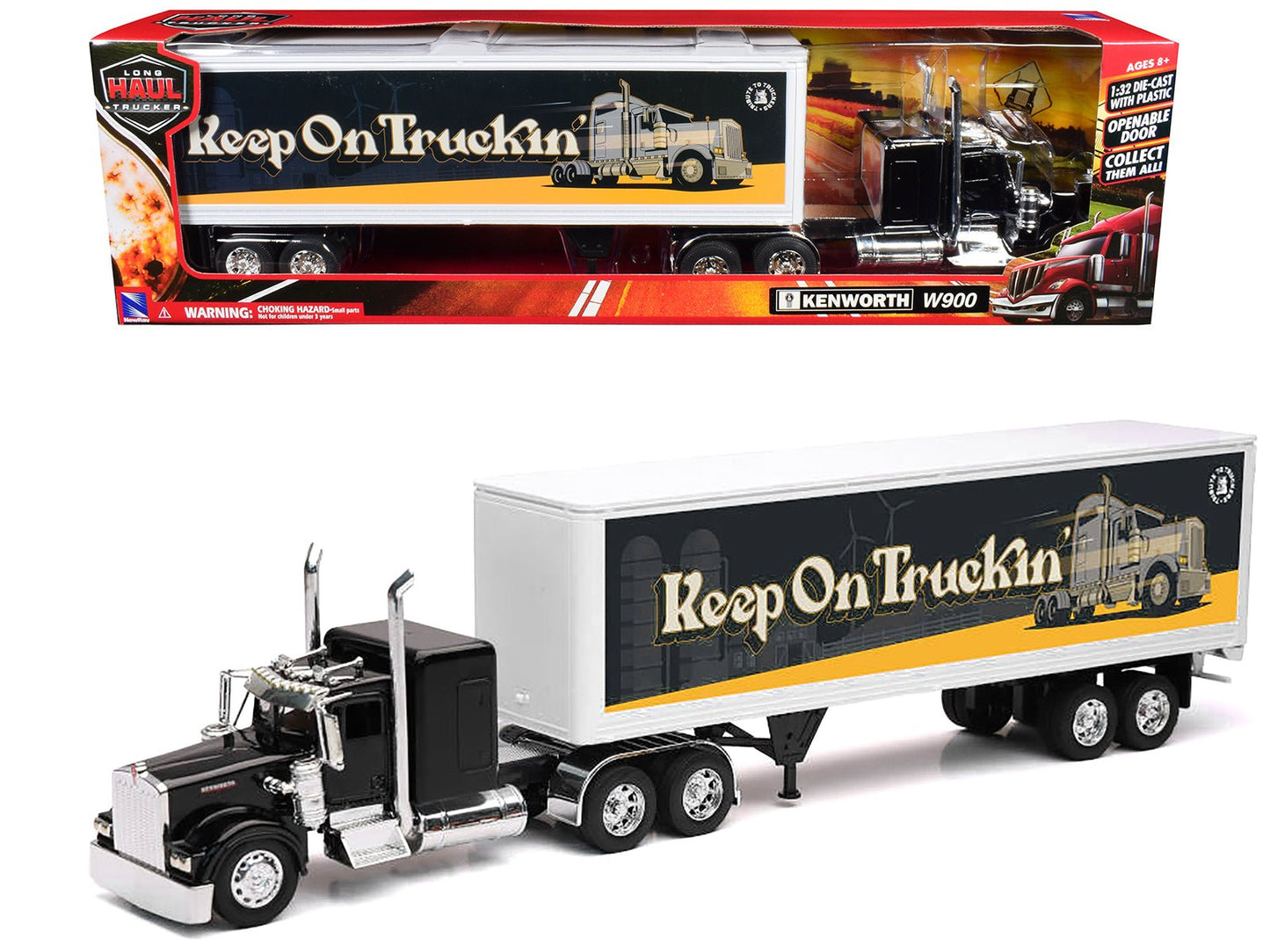 Kenworth W900 Truck Black with Dry Van Trailer "Tribute To Truckers Keep on Truckin'" "Long Haul Truckers" Series 1/32 Diecast Model by New Ray  free shipping USA