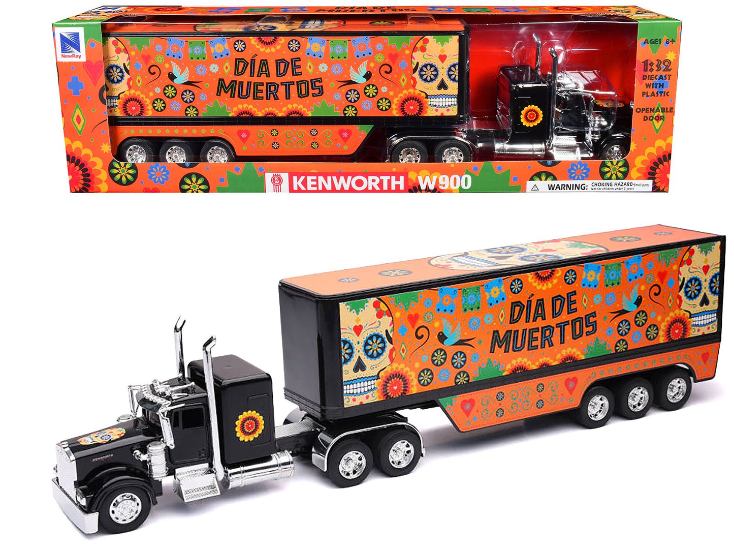 Kenworth W900 Truck Black with Graphics and Dry Van Trailer "Dia De Muertos" 1/32 Diecast Model by New Ray  free shipping USA