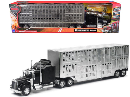 Kenworth W900 Truck Black with Pot Belly Livestock Chrome "Long Haul Truckers" Series 1/32 Diecast Model by New Ray  free shipping USA