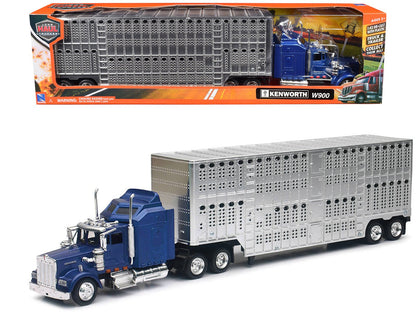 Kenworth W900 Truck Blue with Potbelly Livestock Trailer Chrome "Long Haul Truckers" Series 1/43 Diecast Model by New Ray  free shipping USA