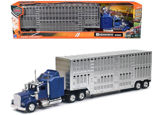Kenworth W900 Truck Blue with Potbelly Livestock Trailer Chrome "Long Haul Truckers" Series 1/43 Diecast Model by New Ray  free shipping USA