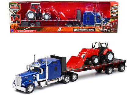 Kenworth W900 Truck with Flatbed Trailer Blue Metallic with Farm Tractor Red "Long Haul Truckers" Series 1/32 Diecast Model by New Ray  free shipping USA