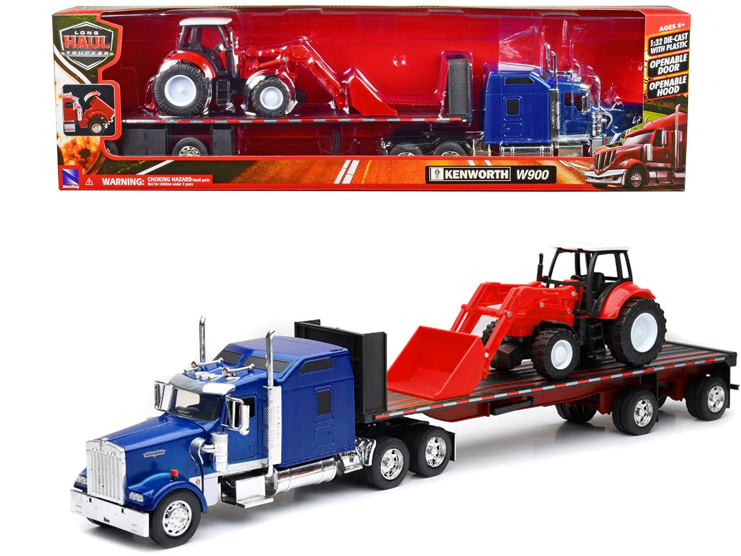 Kenworth W900 Truck with Flatbed Trailer Blue Metallic with Farm Tractor Red "Long Haul Truckers" Series 1/32 Diecast Model by New Ray  free shipping USA