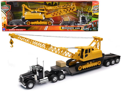 Kenworth W900 Truck with Lowboy Trailer Black and Crane Yellow "Long Haul Trucker" Series 1/32 Diecast Model by New Ray  free shipping USA