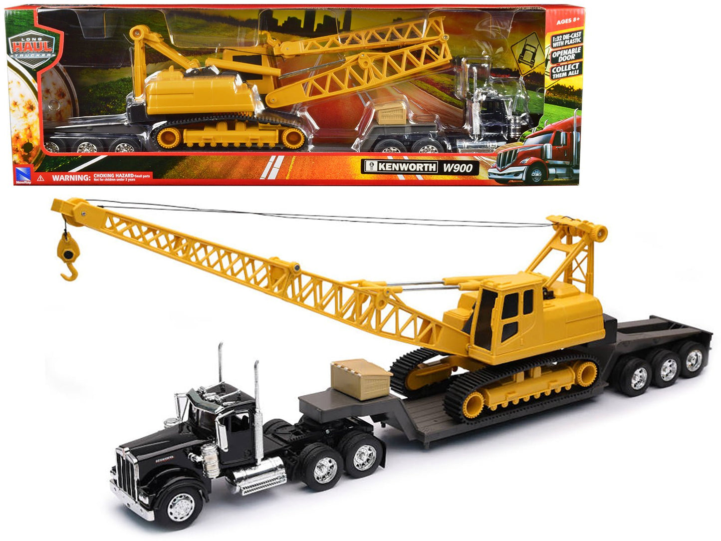 Kenworth W900 Truck with Lowboy Trailer Black and Crane Yellow "Long Haul Trucker" Series 1/32 Diecast Model by New Ray  free shipping USA