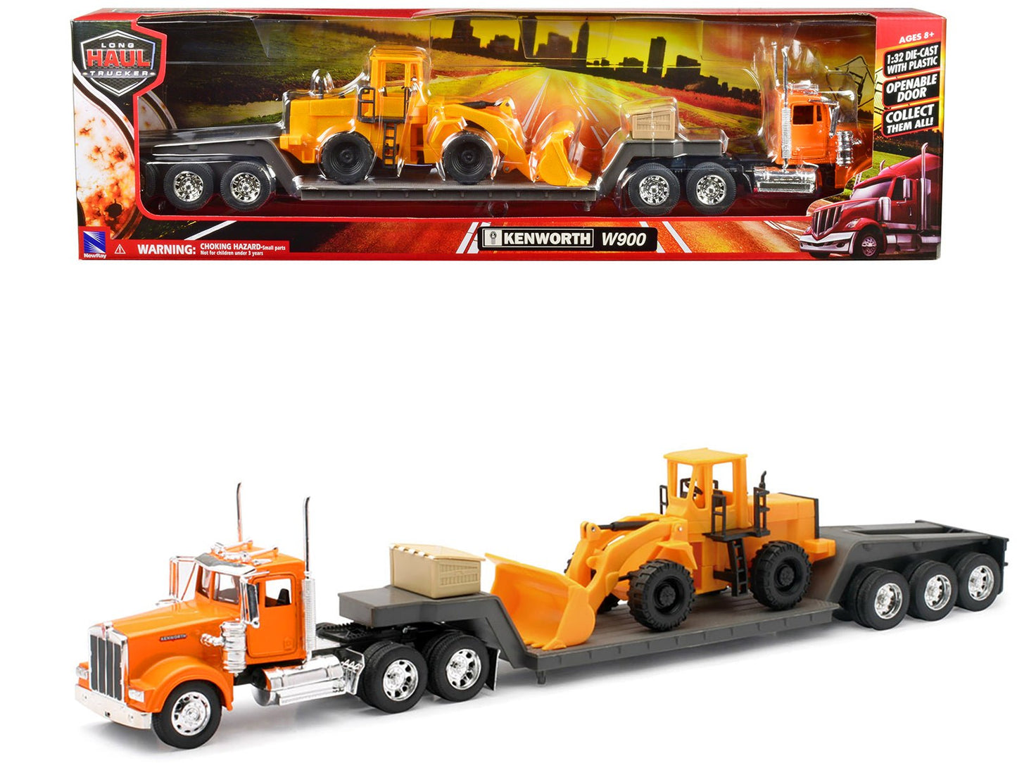 Kenworth W900 Truck with Lowboy Trailer Orange and Wheel Loader Yellow "Long Haul Trucker" Series 1/32 Diecast Model by New Ray  free shipping USA
