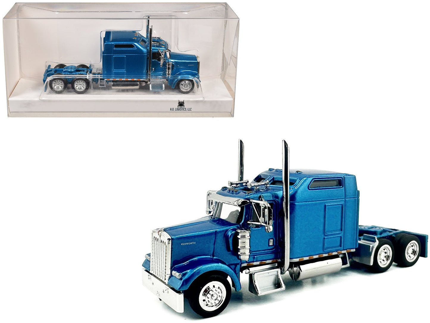Kenworth W900L Truck Tractor with Sleeper Cab Blue Metallic 1/87 (HO) Scale Plastic Model Car by HO Logistics  free shipping USA