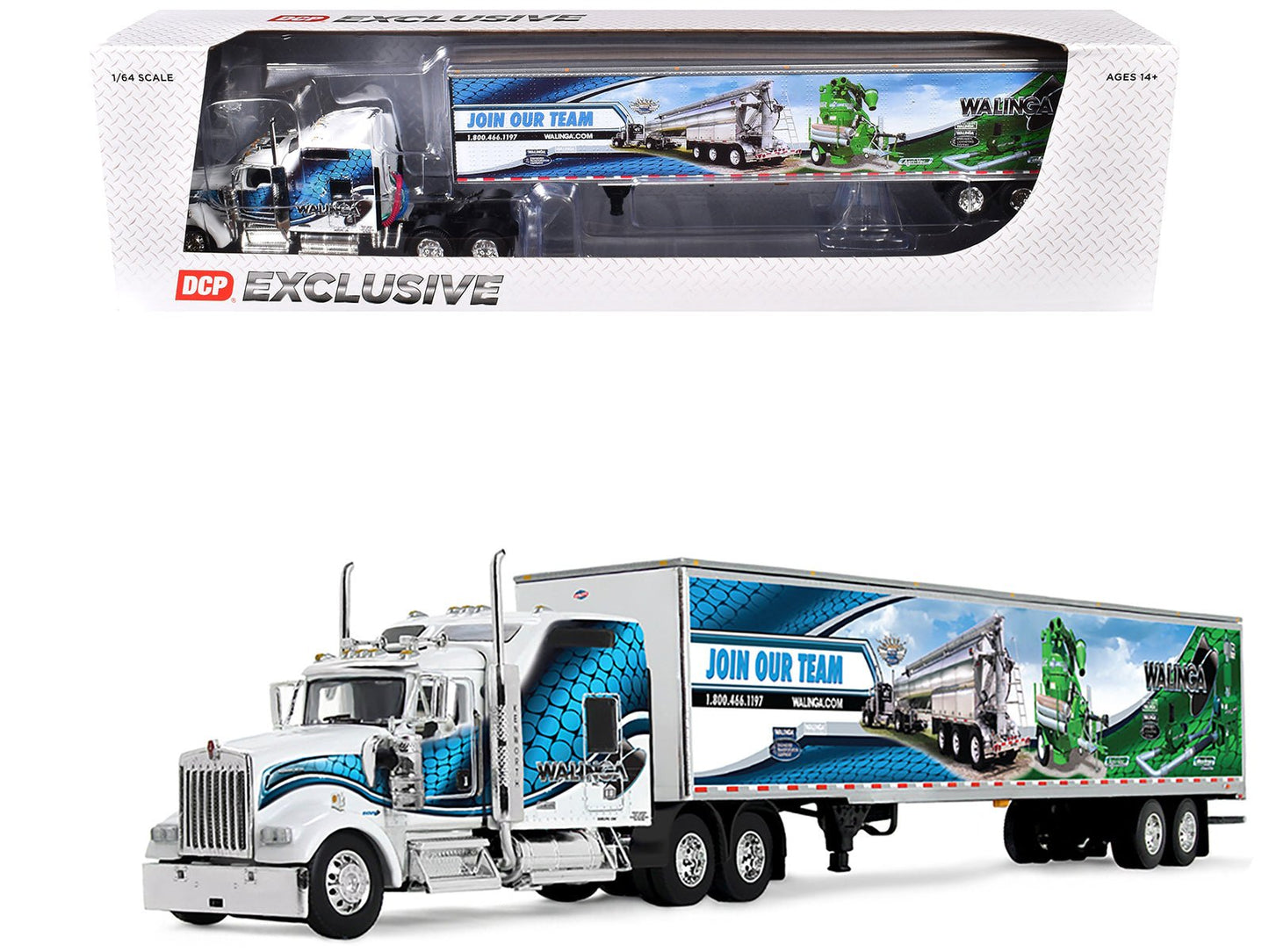 Kenworth W900L with 86" Studio Sleeper and 53' Utility Trailer with Skirts "Walinga" White with Blue Graphics 1/64 Diecast Model by DCP/First Gear  free shipping USA