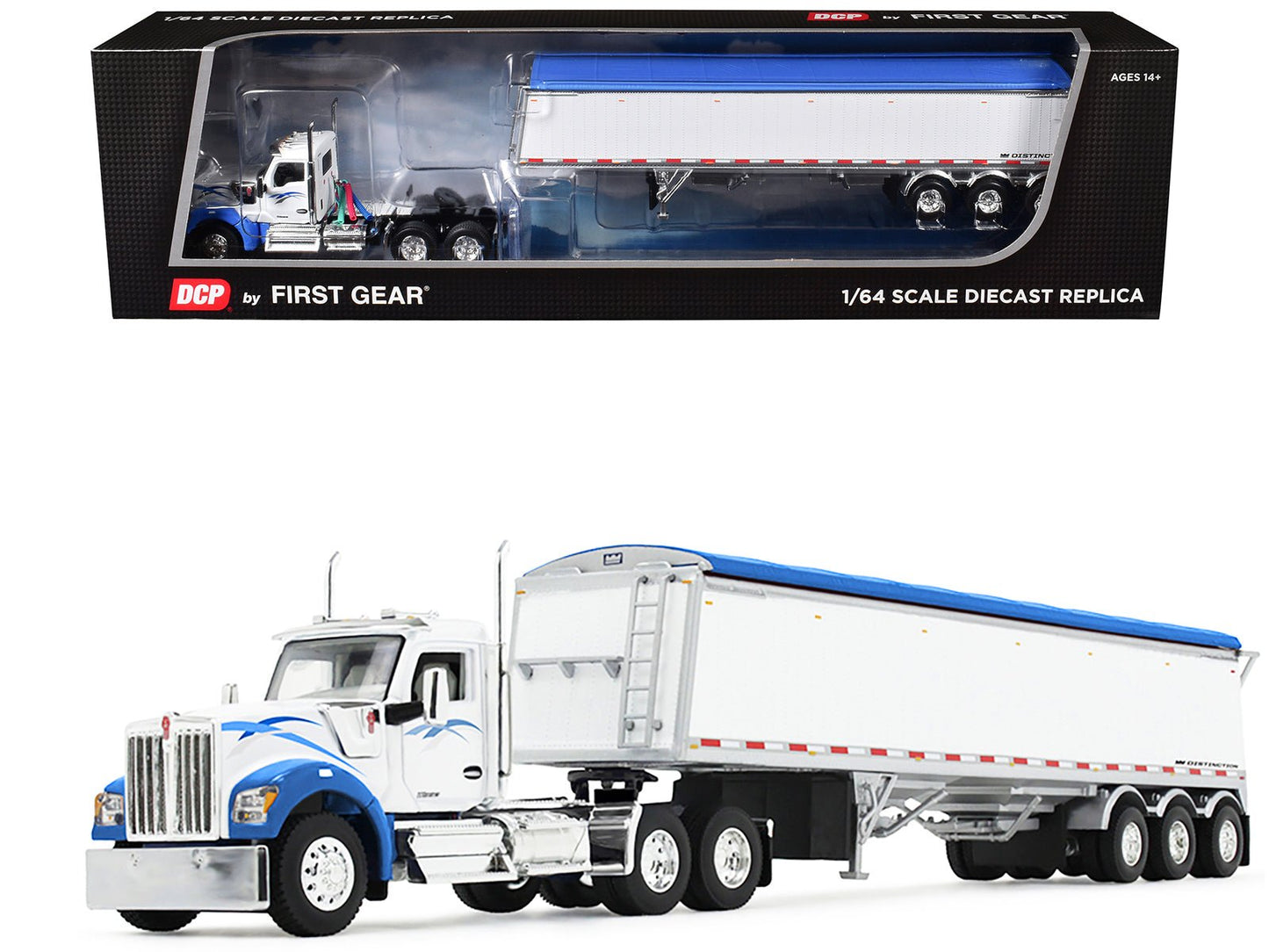 Kenworth W990 Day Cab and Lode King Distinction Hopper Trailer White and Blue 1/64 Diecast Model by DCP/First Gear  free shipping USA
