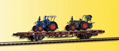 Kibri 26252 HO Scale Flatcar w/2 Lanz Bulldog Tractor Load - Ready to Run -- Boxcar Red