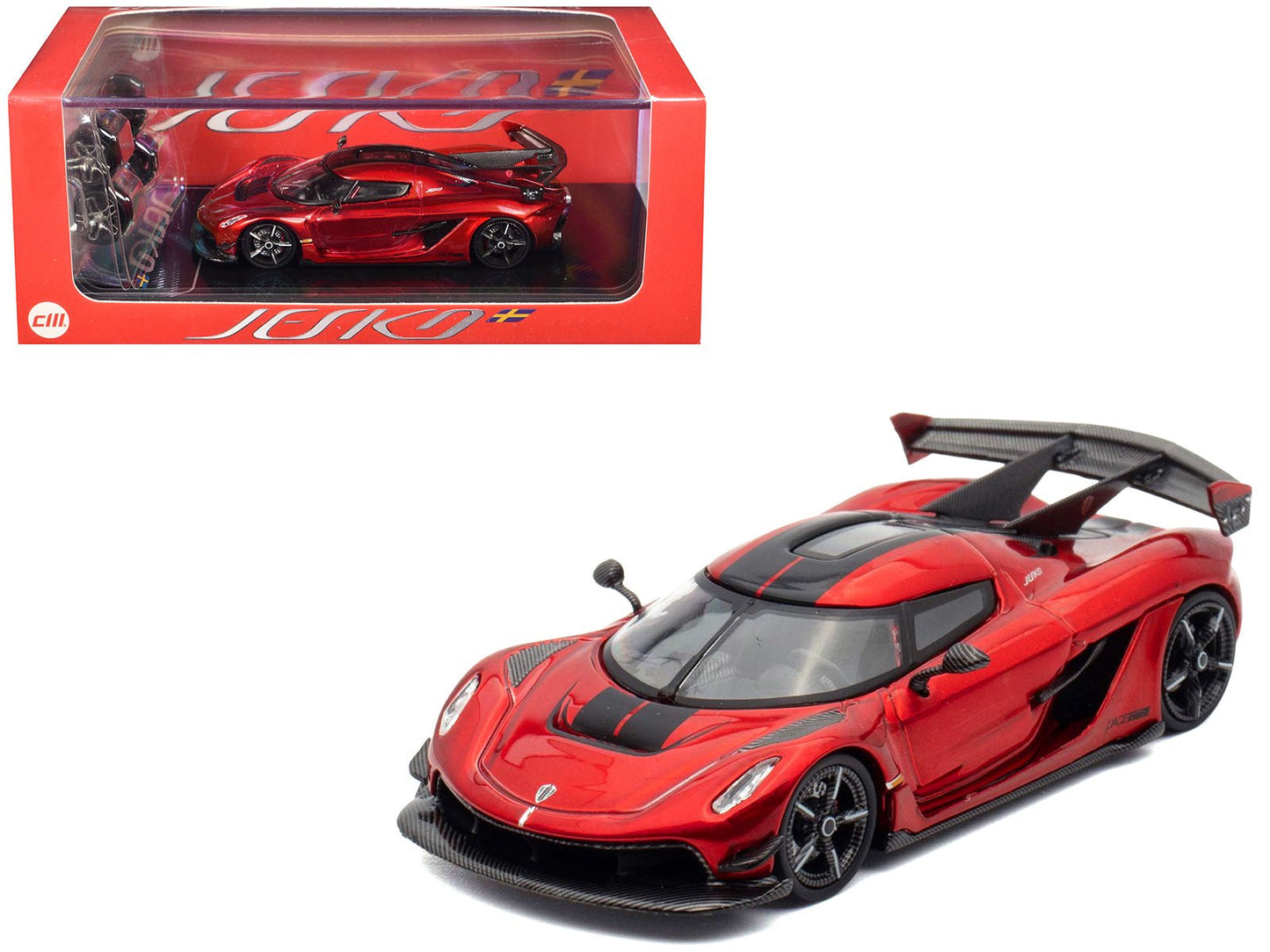 Koenigsegg Jesko Red Metallic with Black Stripes with Extra Wheels 1/64 Diecast Model Car by CM Model  free shipping USA