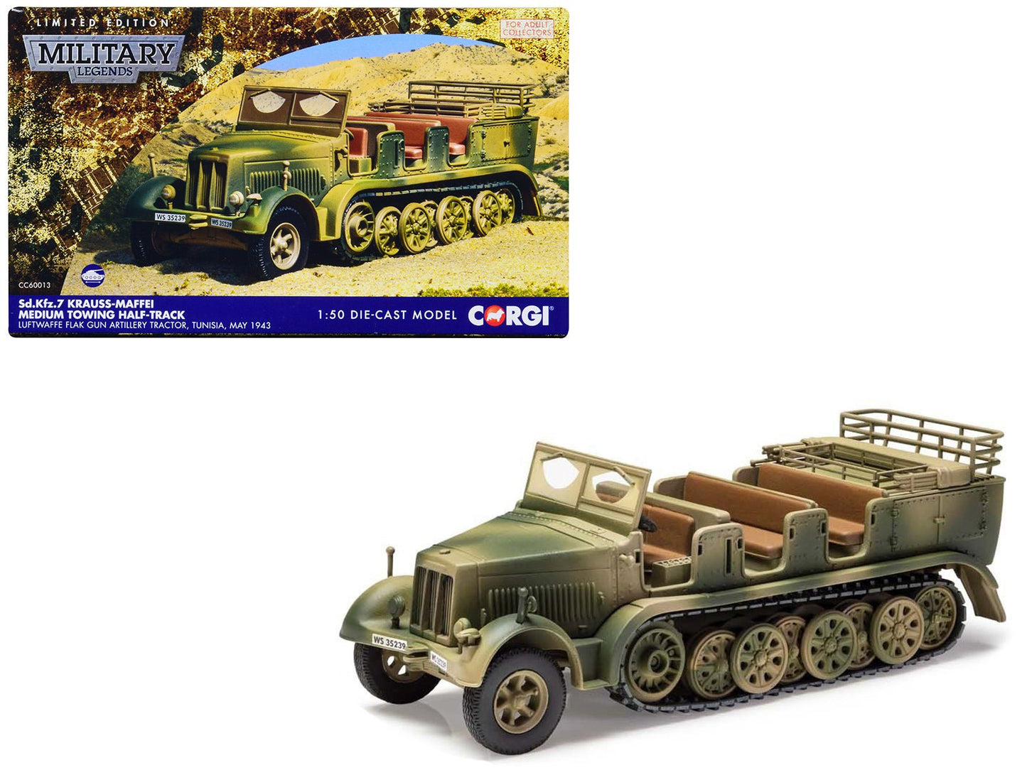 Krauss-Maffei Sd.Kfz.7 Medium Towing Half-Track AFV "Luftwaffe FlaK Gun Artillery Tractor Tunisia" (1943) German Army "Military Legends" Series 1/50 Diecast Model by Corgi  free shipping USA
