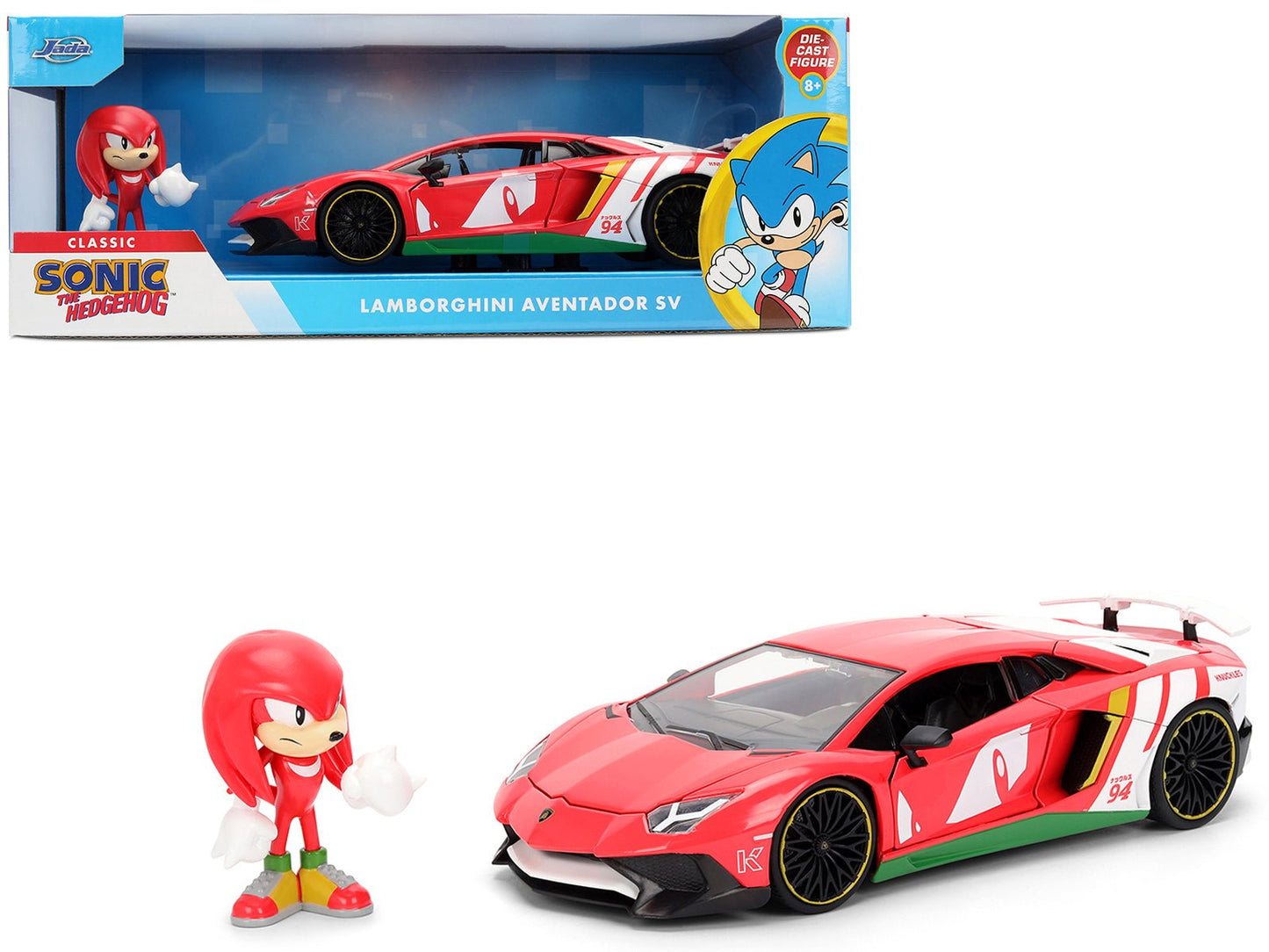 Lamborghini Aventador SV Red with Graphics and Knuckles Diecast Figure "Sonic The Hedgehog" Franchise "Hollywood Rides" Series 1/24 Diecast Model by Jada  free shipping USA