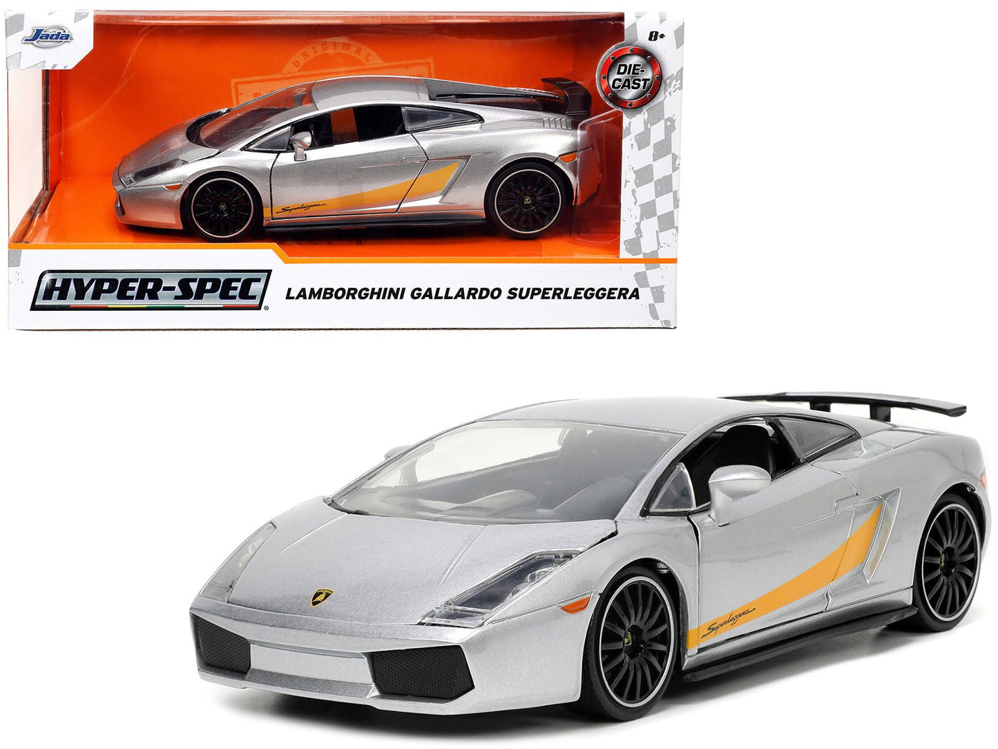 Lamborghini Gallardo Superleggera Silver Metallic with Yellow Stripes "Hyper-Spec" Series 1/24 Diecast Model Car by Jada  free shipping USA