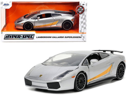 Lamborghini Gallardo Superleggera Silver Metallic with Yellow Stripes "Hyper-Spec" Series 1/24 Diecast Model Car by Jada  free shipping USA
