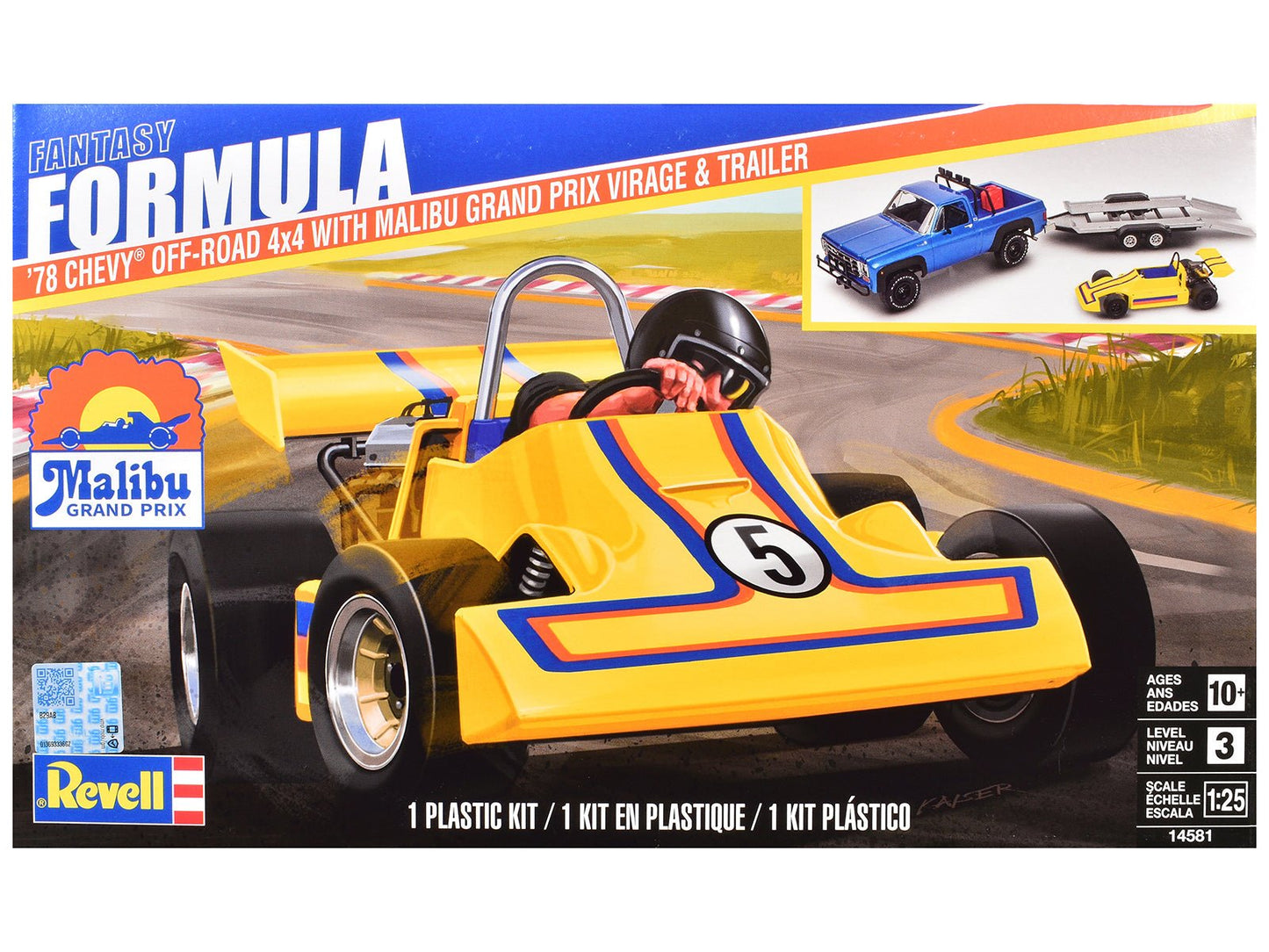 Level 3 Model Kit 1978 Chevrolet Off-Road 4x4 Pickup Truck and "Malibu Grand Prix" Virage with Trailer "Fantasy Formula" 1/25 Scale Model by Revell  free shipping USA