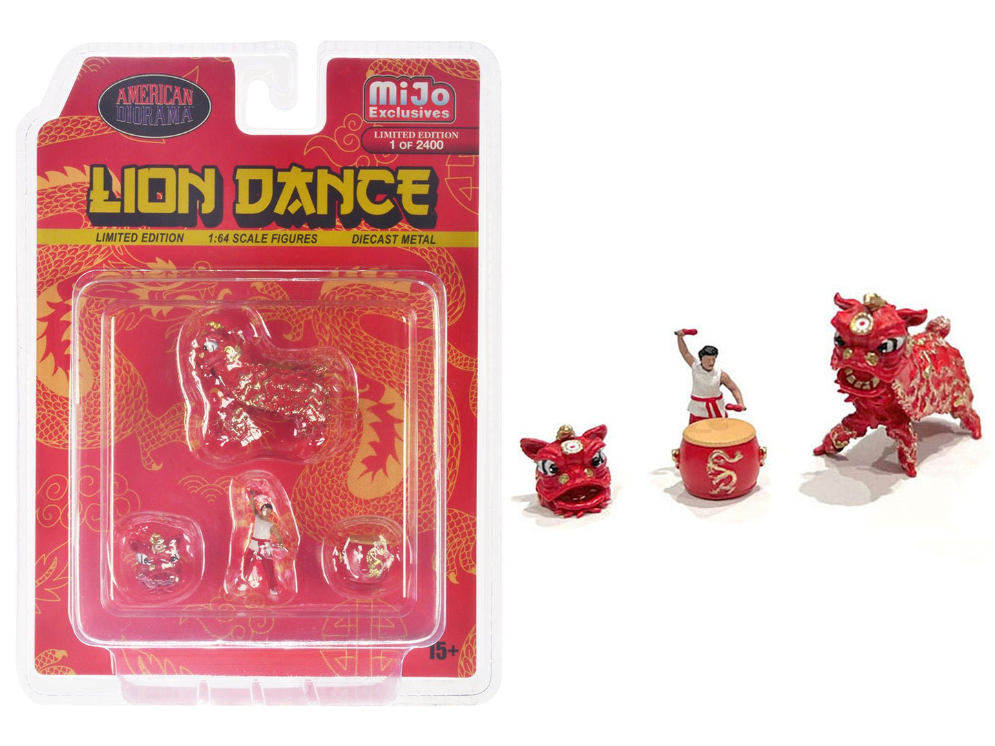 "Lion Dance" 4 piece Diecast Figure Set (1 Figures 1 Lion 2 Accessories) Limited Edition to 2400 pieces Worldwide for 1/64 Scale Models by American Diorama  free shipping USA