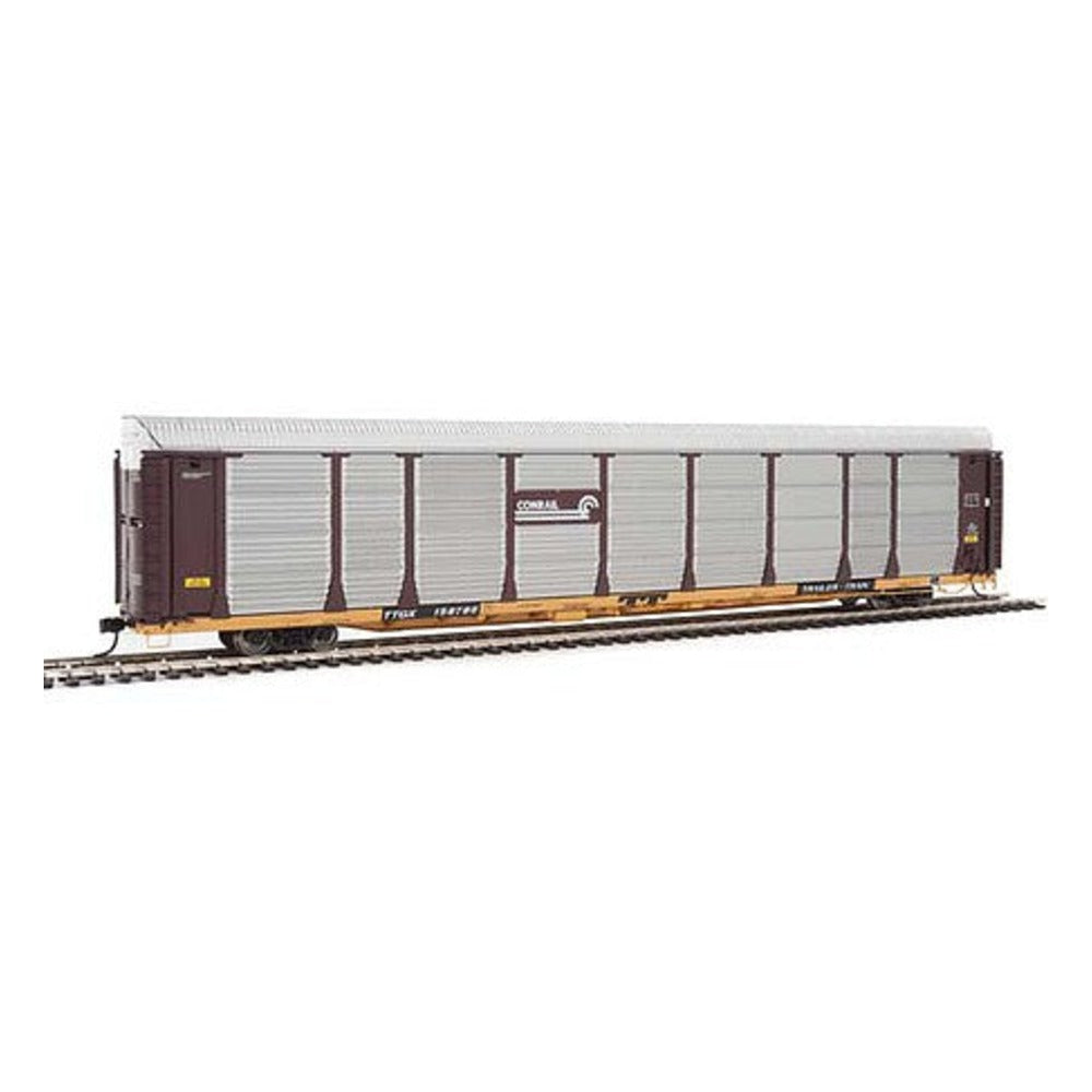 Walthers Proto 101332 HO Scale 89' Thrall Bi-Level Auto Carrier - Ready To Run -- Conrail Rack, TTGX Flatcar #158786 (Boxcar Red, silver; yellow Flat)