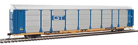 Walthers Proto 101338 HO Scale 89' Thrall Bi-Level Auto Carrier - Ready To Run -- Grand Trunk Western Rack, TTGX Flatcar #88113/253766 (blue, silver; yellow F