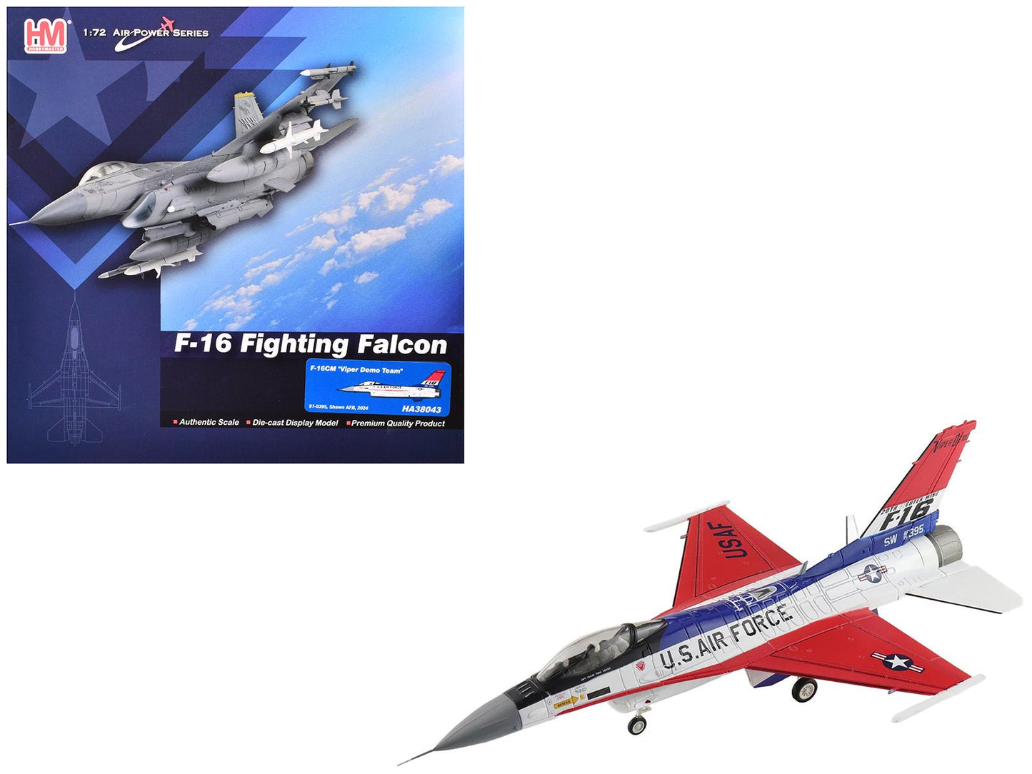 Lockheed F-16CM Fighting Falcon Fighter Aircraft "91-0395 Viper Demo Shaw Air Force Base" (2024) United States Air Force "Air Power Series" 1/72 Diecast Model by Hobby Master  free shipping USA