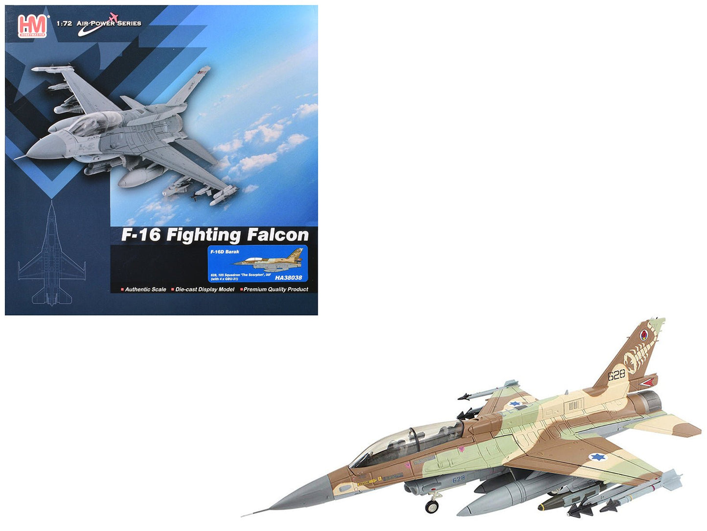 Lockheed F-16D Fighting Falcon Fighter Aircraft "628 Barak 105 Squadron The Scorpion" Israeli Air Force "Air Power Series" 1/72 Diecast Model by Hobby Master  free shipping USA