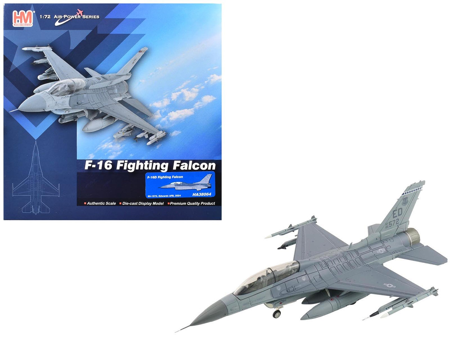 Lockheed F-16D Fighting Falcon Fighter Aircraft "85-1572 Edwards Air Force Base" (2024) United States Air Force "Air Power Series" 1/72 Diecast Model by Hobby Master  free shipping USA