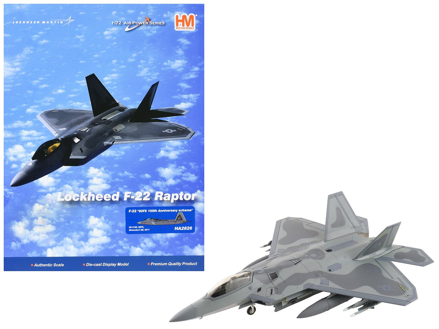 Lockheed F-22 Raptor Stealth Aircraft "09-4190 90th Fighter Squadron 100th Anniversary Elmendorf Air Base" (2017) United States Air Force "Air Power Series" 1/72 Diecast Model by Hobby Master  free shipping USA
