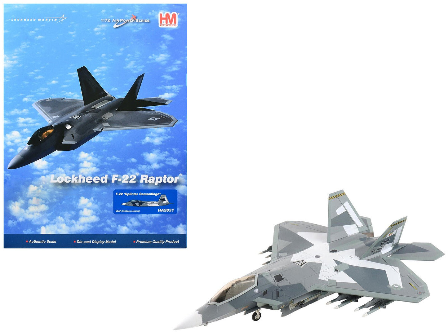 Lockheed F-22 Raptor Stealth Aircraft "Splinter Camouflage" United States Air Force "Air Power Series" 1/72 Diecast Model by Hobby Master  free shipping USA
