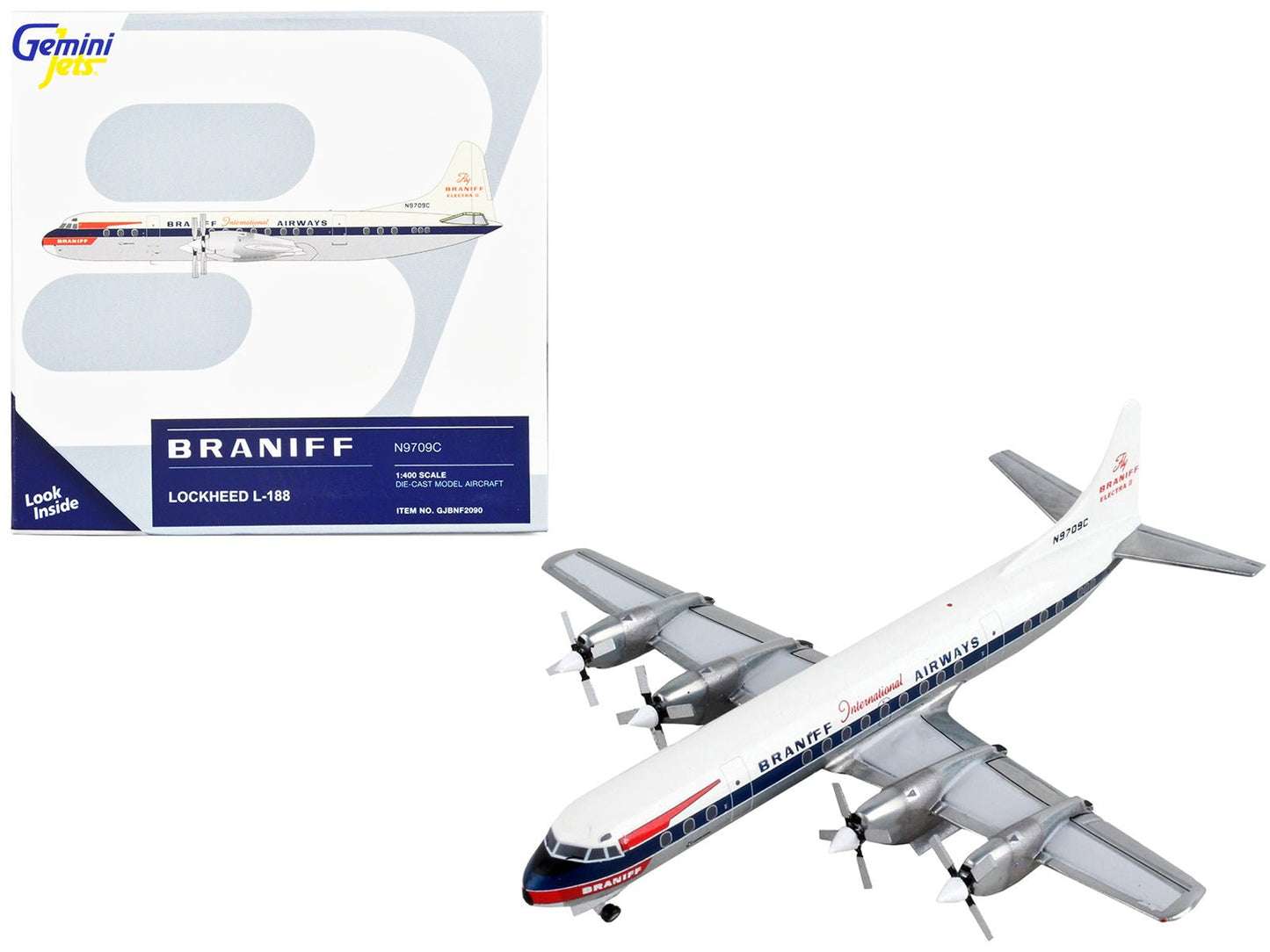 Lockheed L-188 Electra Commercial Aircraft "Braniff International Airways" White with Blue Stripes 1/400 Diecast Model Airplane by GeminiJets  free shipping USA