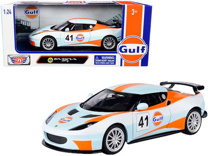 Lotus Evora GT4 #41 "Gulf Oil" Light Blue with White and Orange Stripes 1/24 Diecast Model Car by Motormax  free shipping USA