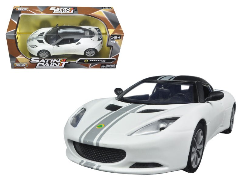 Lotus Evora S Matt White with Black Top and Gray Stripes "Satin Paint" Series 1/24 Diecast Model Car by Motormax  free shipping USA