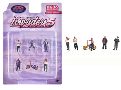 "Lowriders #5" 6 piece (5 People 1 Bicycle) Diecast Figures Set 1/64 Scale Models by American Diorama  free shipping USA