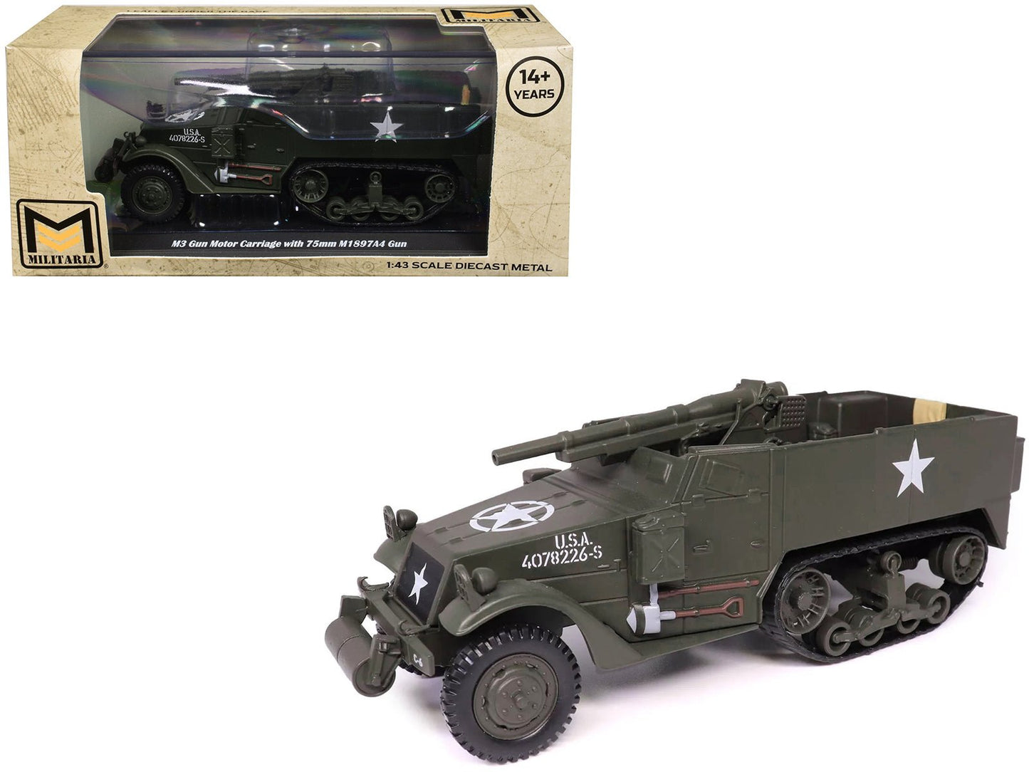 M3 Gun Motor Carriage with 75mm M1897A4 Gun Olive Drab "United States Army" 1/43 Diecast Model by Militaria Die Cast  free shipping USA