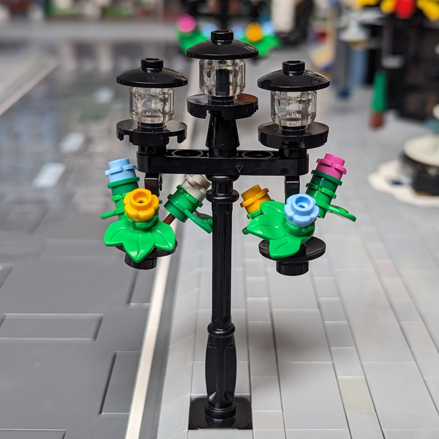 Black City Lamppost with Two Hanging Flower Baskets - Build Kit - Made Using LEGO® Parts