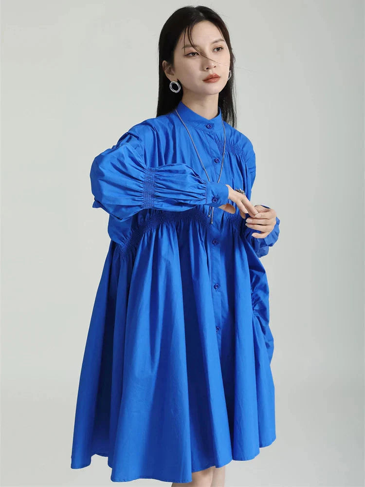 Hotaru Long Sleeve Pleated Shirt Dress - Blue by Marigold Shadows