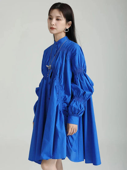 Hotaru Long Sleeve Pleated Shirt Dress - Blue by Marigold Shadows