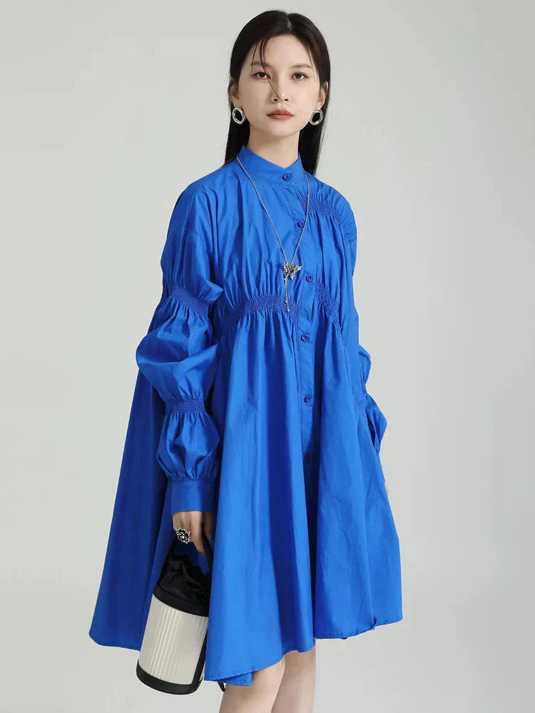 Hotaru Long Sleeve Pleated Shirt Dress - Blue by Marigold Shadows