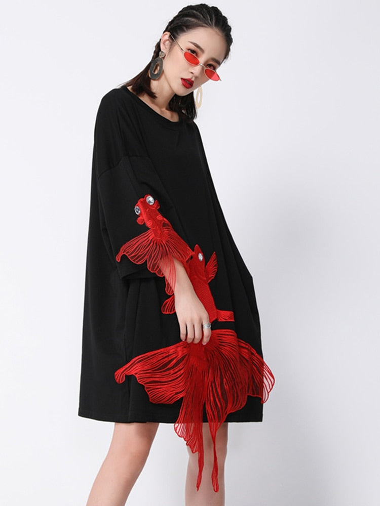 Kingyo Embroidered Goldfish Dress by Marigold Shadows