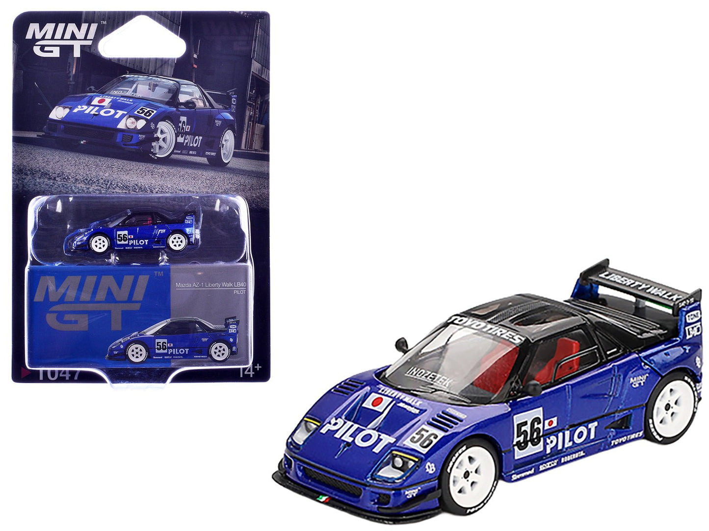 Mazda AZ-1 Liberty Walk LB40 RHD (Right Hand Drive) #56 "PILOT" Blue Metallic with Black Top Limited Edition 1/64 Diecast Model Car by Mini GT  free shipping USA