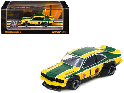 Mazda RX-3 Savanna RHD (Right Hand Drive) #1 "Katayama Racing Livery" Green and Yellow Striped 1/64 Diecast Model Car by Inno Models  free shipping USA